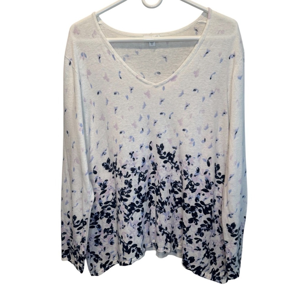 J. Jill Womens White Colorful Floral Vine Linen Blend V-Neck Sweater Knit Top XL